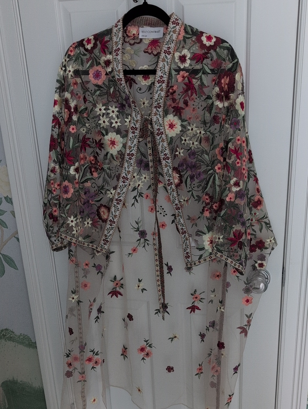 Sheer Floral Embroidered Kimono Duster in Pink And Green Floral